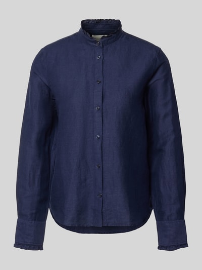 Produktfoto, Regular Fit Bluse aus Leinen-Baumwoll-Mix mit Stehkragen von Gant, dunkelblauer Stoff, sichtbare Knopfleiste, glatte Textur