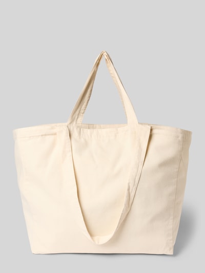 Produktfoto, Tote Bag aus reiner Baumwolle Modell 'Lycaz' von American Vintage, naturfarbener Stoff, Logo-Print, großes, offenes Hauptfach, lange Schulterriemen, robuste Textur, Maße ca. 65x46x20 cm, Länge Schulterriemen ca. 55 cm.