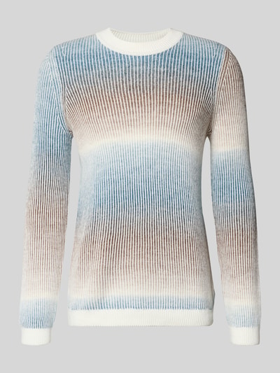 Produktfoto, Strickpullover mit Rundhalsausschnitt Modell 'Bow' von Cinque in Blau-Braun-Weiß, Baumwoll-Mix, Regular-Fit, Ripp-Optik