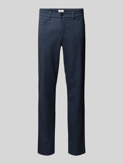 Produktfoto, dunkelblaue Hose mit glatter Oberfläche, gerade geschnitten, Regular Fit Chino aus Baumwoll-Mix mit Viskose-Anteil Modell 'Wool Look Flex' von Brax, Herren Chino von Brax