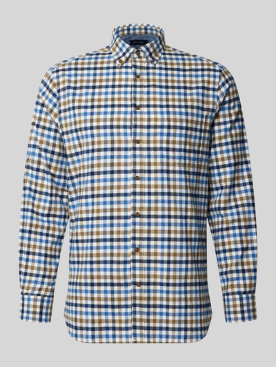 Produktfoto, Relaxed Fit Freizeithemd aus reiner Baumwolle mit Vichy-Karo von Christian Berg Men, kariertes Muster in Blau, Weiß und Braun, Button-Down-Kragen, Struktur weich, Rückenlänge 68 cm, Schulterbreite 46 cm, Ärmellänge 67 cm