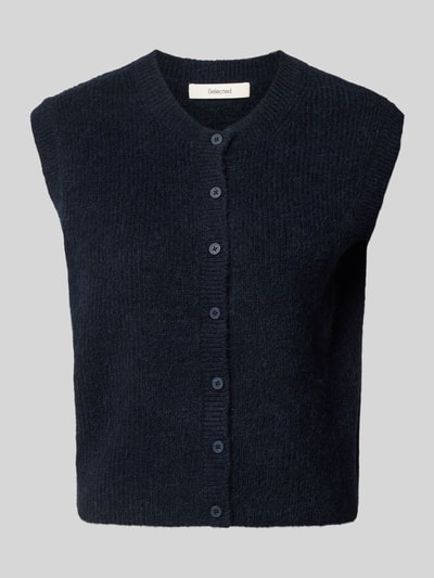 Produktfoto, dunkelblaue Damen Strickweste aus Woll-Mix mit Knopfleiste, gleichmäßige Textur, Regular-Fit Modell 'LULU' von Selected Femme