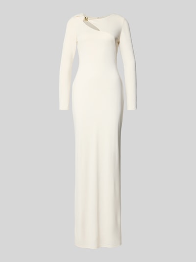 Produktfoto, Sukienka wieczorowa z mieszanki materiałów z dodatkiem streczu, prosty krój, wycięcie, wiązany detal Model 'BURLINCE' od Lauren Ralph Lauren, kolor jasny, gładka tekstura, długość tyłu 150 cm, szerokość klatki piersiowej 37 cm, długość rękawów 65 cm dla rozmiaru 36.