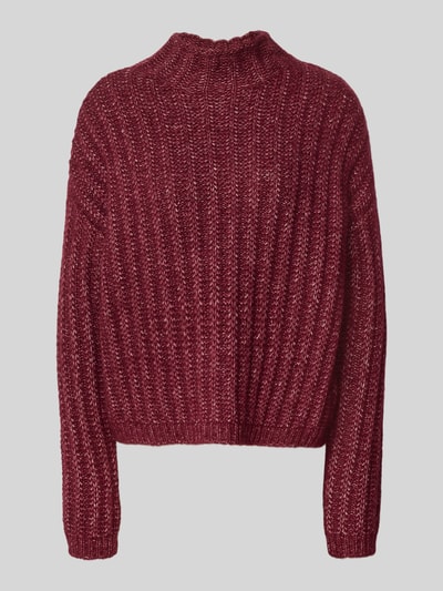 Produktfoto, Boxy Fit Strickpullover aus Baumwoll-Mix mit Woll-Alpaka-Anteil Modell 'Safineyny' von HUGO, Damen Pullover, meliertes Dunkelrot, grobe Rippstruktur, Rückansicht.