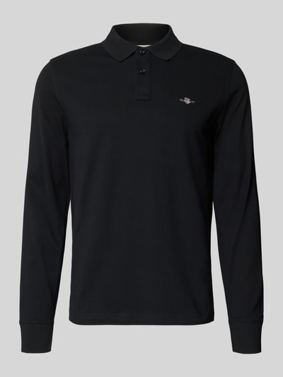 Produktfoto, Regular Fit Poloshirt mit Label-Stitching von Gant, czarna bawełna, kołnierzyk polo, długi rękaw, widoczna listwa z guzikami