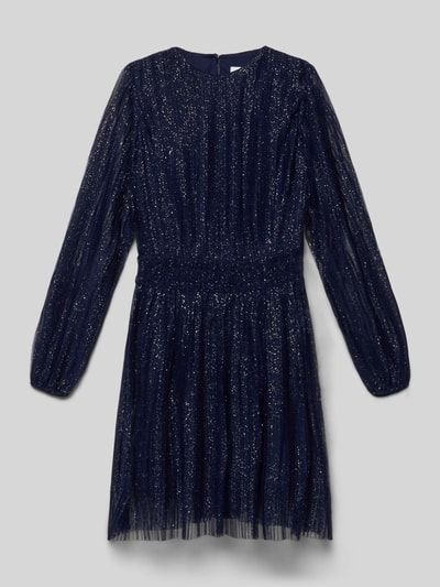 Produktfoto, Knielanges Kleid mit Rundhalsausschnitt von DANAMADE in Dunkelblau mit Glitzereffekt, tailliert, Smok-Details, Schlüsselloch-Ausschnitt