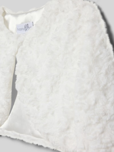Productfoto, Cropped Bolero met ronde hals van Happy Girls, wit pluche met zachte textuur, schouderbreedte 39 cm, lengte achter 27 cm, mouwlengte 46 cm.