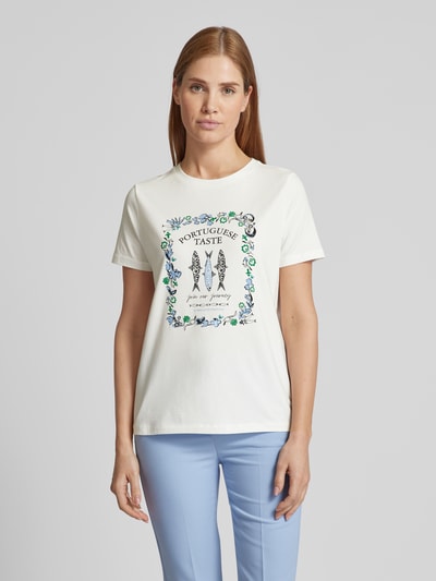 comma T-Shirt mit Motiv- und Statement-Print Offwhite 4