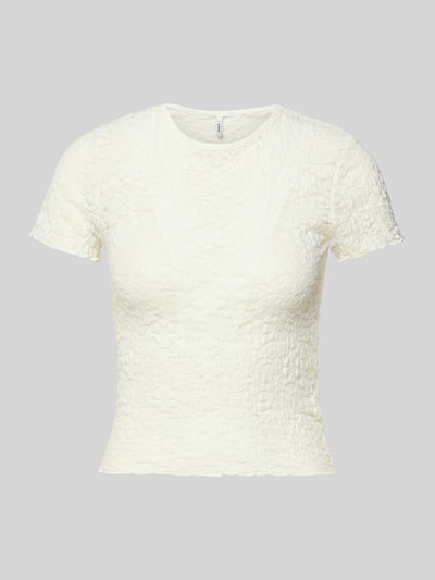 Produktfoto, Slim Fit T-Shirt aus Spitze Modell 'FAITH' von Only, Optik: Unifarben, Spitzen-Muster, Rundhals, Kurzarm, Frill-Abschlüsse, Materialverarbeitung: Spitze