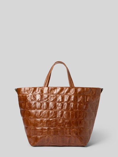 Produktfoto, Tote Bag mit Logo-Detail Modell 'Alba' von Abro in Braun mit Strukturmuster, Hauptfach mit Reißverschluss, Tragehenkel, abnehmbarer Schulterriemen, Innenfach mit Reißverschluss, Maße Breite 48 cm, Länge 33 cm, Tiefe 19 cm, Länge Schulterriemen 86 cm.