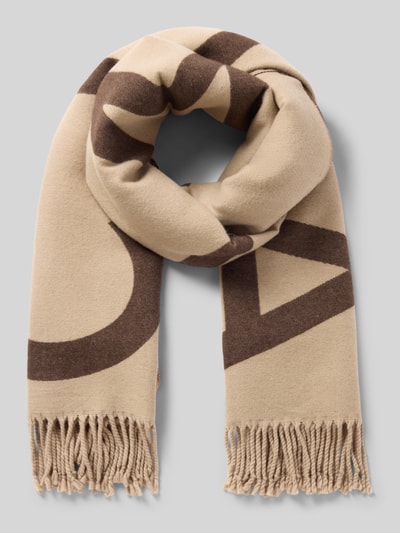 Produktfoto, Schal mit Viskose-Anteil von COMMA in Beige und Braun, rechteckig, Allover-Look, Fransen, glatte Textur, Material-Mix