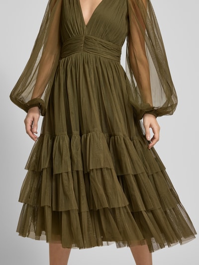 LACE & BEADS Cocktailkleid im Stufen-Look mit V-Ausschnitt Oliv 3