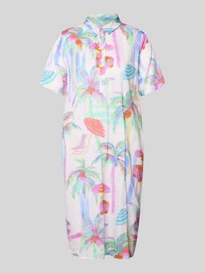 Produktfoto, Knielanges Hemdblusenkleid mit kurzer Knopfleiste von Milano Italy, kolorowa bawełna, prosty krój, długość do kolan, kołnierzyk koszulowy, krótka listwa guzikowa, długość pleców w rozmiarze 36: 98 cm, szerokość w rozmiarze 36: 54 cm, długość rękawa w rozmiarze 36: 26 cm, pastelowe liście palm, plażowe motywy, miękka tkanina
