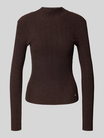 Produktfoto, Slim Fit Langarmshirt mit Glitzergarn Modell 'Isabel' von GUESS, braune Strick-Optik, Stehkragen, langärmliges Design, Logo-Emblem