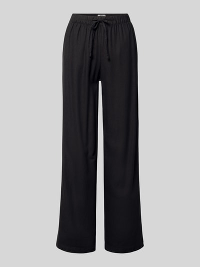 Produktfoto, Wide Leg Leinenhose mit elastischem Bund Modell 'GOA' von Only, Optik: Unifarben, Passform: Wide-Leg-Pants, Verschluss: Tunnelzug, Bundabschluss: Elastisch, seitliche Eingrifftaschen, Material: Viskose-Leinen-Mix, schwarze glatte Textur, weite Form.
