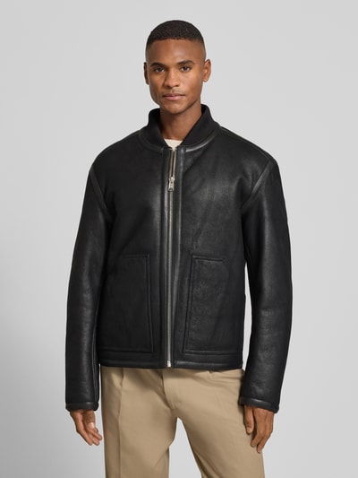 BOSS Regular fit leren jack met collegekraag, model 'MAFERO' Zwart - 4