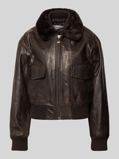 Produktfoto, Lederjacke mit Umlegekragen von Victoria Beckham, dunkles echtes Leder, aufgesetzte Taschen, Reißverschluss, Relaxed Fit