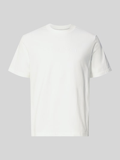 Produktfoto, T-Shirt mit Rundhalsausschnitt von CK Calvin Klein, weiß, glatte Baumwolle, Regular-Fit, Logo-Print, Rückenlänge 67 cm Größe M