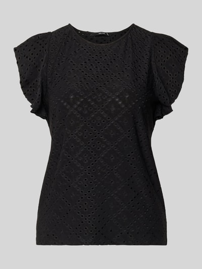 Produktfoto, Damen T-Shirt von Vero Moda, Regular Fit, Modell 'TASSA', Optik: Unifarben, Rundhals-Ausschnitt, Kurzarm mit Frill, Materialverarbeitung: Stretch, feine Lochstruktur, schwarze Farbe