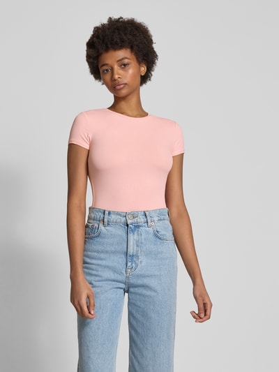 Review T-shirt z prążkowanym okrągłym dekoltem Różowy 4