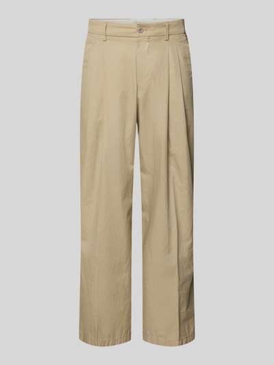 Produktfoto, beigefarbene Stoffhose mit Biesen und Eingrifftaschen Modell 'LEEK' von Drykorn aus reiner Baumwolle, Wide Leg Fit, helle glatte Textur