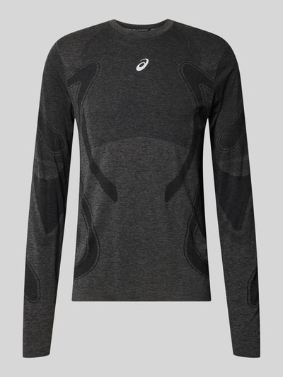 Produktfoto, dunkelgraues Longsleeve mit Logo-Print und Rundhalsausschnitt von ASICS, gerader Schnitt, feine melierte Struktur, Modell 'ROAD SEAMLESS', Rückseite 70 cm bei Größe M