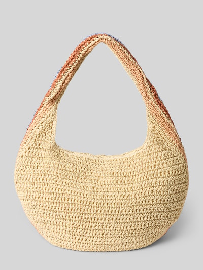 Produktfoto, beige-rosafarbene Handtasche mit Label-Detail Modell 'Saunteer' von Barts, grob gehäkelt, mit breitem Schulterriemen, Maße 45x32x12 cm, Innenfach mit Reißverschluss, Länge Schulterriemen 36 cm.