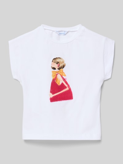 Produktfoto, T-Shirt mit Motiv-Print von Mayoral aus weißem Baumwoll-Elasthan-Mix, regular fit, runder Ausschnitt, Grafikdruck vorn, Rückenlänge 38 cm bei Größe 116.
