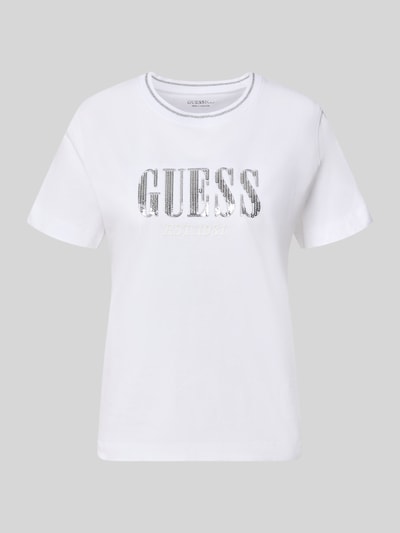 Produktfoto, t-shirt uit puur katoen met logodetail van GUESS, getailleerd, met pailletten, ronde hals, ruglengte bij maat S 58 cm, dames