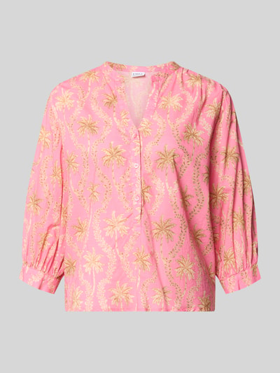 Produktfoto, Regular Fit Bluse mit floralem Allover-Print von Emily Van den Bergh aus Reiner Baumwolle, pink-gelb, 3/4-Arm, Tunika-Ausschnitt, strukturierte Oberfläche
