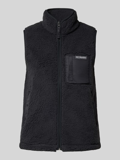 Productfoto, Weste uit Fleece van Columbia in zwart met rechte pasvorm, staande kraag, contrastpaspels, borstzak en steekzakken, fleece textuur.