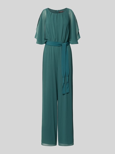 Produktfoto, Jumpsuit aus fließendem Stoff mit Bindegürtel von Vera Mont in Grün, Chiffon, weites Bein, weich fallende Textur, Größe 36.