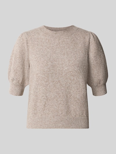 Produktfoto, Regular Fit Pullover mit Rundhals Ausschnitt von VERO MODA in hellbeigem Melange, strukturierte Strickoptik, kurze Ärmel.