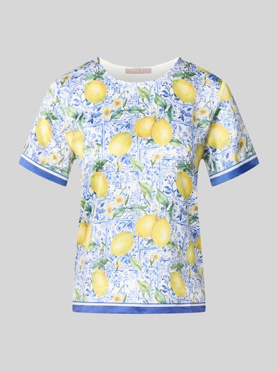 Produktfoto, Blusenshirt aus satijn in all-over look van Christian Berg Woman, blauwe, gele en groene tinten, regular fit, ronde hals, dames, ruglengte maat 36: 56 cm, mouwlengte maat 36: 20 cm