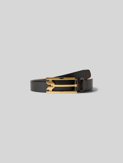 Produktfoto, Gürtel mit Dornschließe von Victoria Beckham in glänzendem Schwarz mit Strukturmuster, schmale Passform, goldene Schnalle, Logo-Detail, 2 cm Breite.