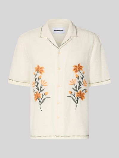Produktfoto, Relaxed Fit Freizeithemd mit Motiv-Stitching von REVIEW, mieszanka bawełny, kołnierz z połami, listwa guzikowa, żółto-czarne hafty kwiatowe, długość tyłu w rozmiarze M: 72 cm, szerokość ramion w rozmiarze M: 45 cm, długość rękawów w rozmiarze M: 30 cm
