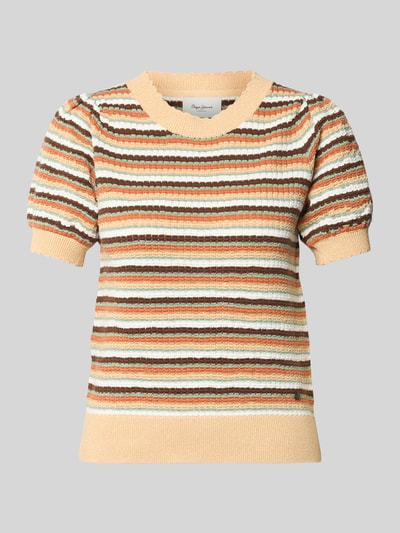 Produktfoto, Regular Fit Strick-Shirt mit kurzem Arm Modell 'KAMIA LUREX' von Pepe Jeans mit Allover-Streifenmuster, beigefarbener Baumwoll-Mix, strukturierter Strick, kurze Ärmel und gerippte Abschlüsse.