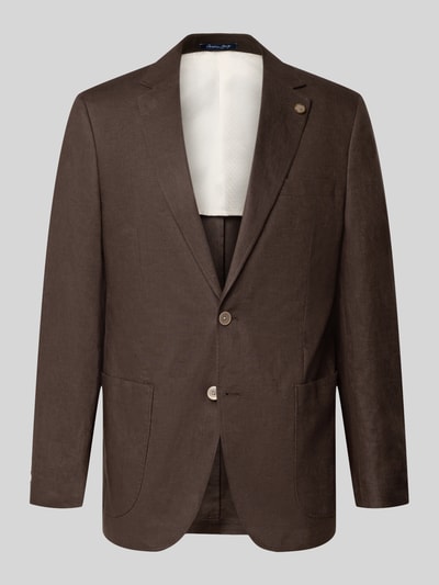 Produktfoto, Regular Fit Sakko aus Reinen Leinen mit Reverskragen von Christian Berg Men in Braun, AufgesetzteTaschen, 2-Knopfleiste, Brusttasche, glatte Textur, Rückenlänge 75 cm, Schulterbreite 47 cm, Ärmellänge 63 cm
