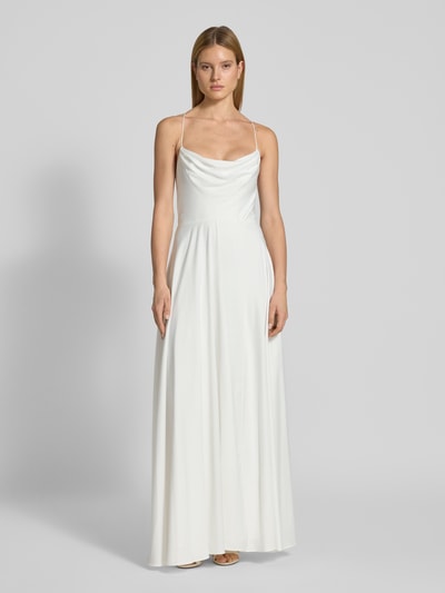 Vrouwenmodel draagt 'Avondkleid met rückseitiger Schnürung und Wasserfall-Ausschnitt' van V.M., A-lijn, maxi-jurk, materiaalmix met stretch, wit, gladde textuur, Ruglengte maat 36: 155 cm, borstbreedte: 33 cm, vetersluiting aan de achterkant, rits. Ganzkörperaanzicht van voren.