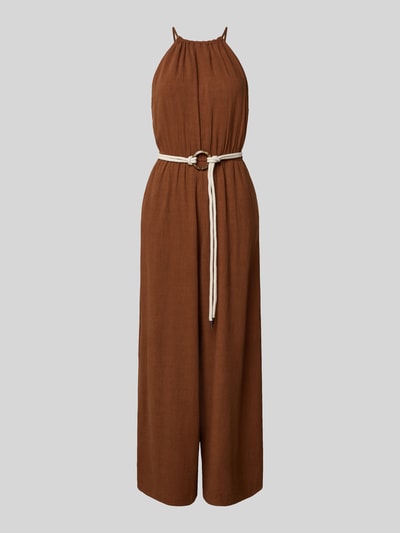 Produktfoto, Jumpsuit aus Viskose-Mix mit Gürtel von Apricot in Braun, taillierter Schnitt, Rundhalsausschnitt, seitliche Taschen, Leinen-Anteil, Schlüsselloch-Ausschnitt hinten, Länge und Maße bei Größe S.