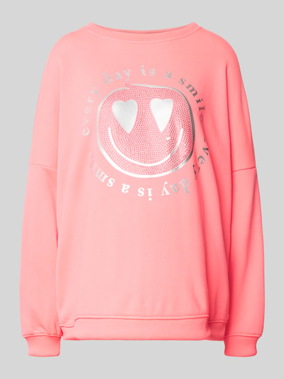 Produktfoto, Oversized sweatshirt uit katoenmix Model 'Everyday' van miss goodlife in roze met statement- en motiefprint met glanzende details en met strass-steentjes, ribgebreide boorden