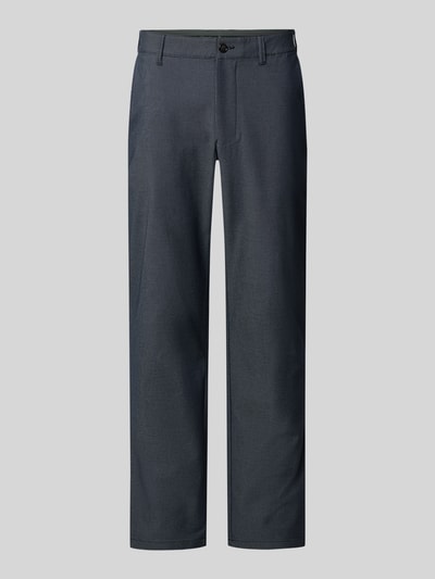 Produktfoto, Straight Fit Hose aus Baumwoll-Mix von Christian Berg Men in Dunkelblau mit Strukturmuster, Eingriff- und Gesäßtaschen, Knopf- und Reißverschluss, Bundweite 47 cm, Innenbeinlänge 84 cm.