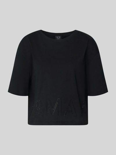 Produktfoto, Boxy Fit T-Shirt mit Ziersteinbesatz von Armani Exchange, reine Baumwolle, Rundhalsausschnitt, schwarz, Rückenlänge 48 cm in Größe S