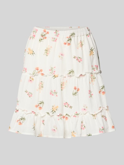 Produktfoto, A-lijn minirok van pure katoen, model 'EMMA' van Pieces, wit met bloemenpatroon, elastische taille, rechte zoom, ruches
