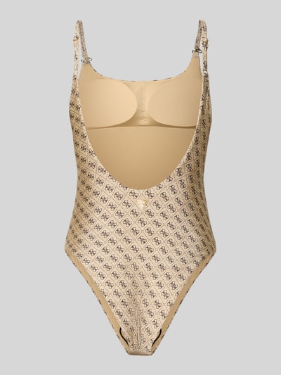 Produktfoto, Slim Fit Badeanzug mit Allover-Logo-Print von Guess, beige-braune Farbtöne, Elastischer-Material-Mix, Rückenausschnitt, Spaghettiträger, Logo-Detail