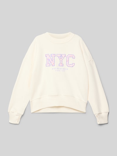 Produktfoto, sweatshirt met labelstitching van Abercrombie&Fitch voor kinderen, katoenmix, los model, ronde hals, duimlussen, ribboorden, crèmekleurig met paarse details