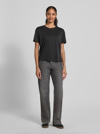 Jake*s Casual T-shirt met geribde ronde hals Zwart - 1