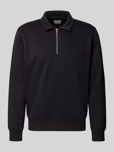 Produktfoto, czarna bluza Regular Fit Sweatshirt mit Baumwoll-Anteil Modell 'Bradley' od JACK & JONES, Mieszanka materiałów z bawełną, kołnierz zapinany, zamek błyskawiczny, długość tyłu w rozmiarze M: 69 cm
