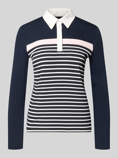 Produktfoto, Slim Fit Poloshirt aus mieszanka bawełny von Marc Cain, kołnierzyk polo, z długim rękawem, długość tyłu w rozmiarze 36: 56 cm, granatowy, biały, różowy, poziome paski