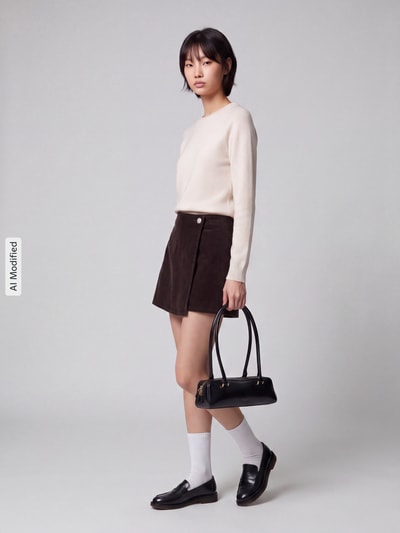 Frauenmodel trägt Regular Fit Short-Rock aus Baumwoll-Mix Modell 'ZEVA' von ONLY in Cord-Optik mit Zierknopf und Wickel-Detail, Ganzkörperansicht von vorne, KI-modifiziertes Bild.